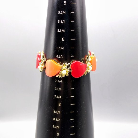 Bold Hearts and Pearls Link Bracelet, Thermoset Lucite in Red and Orange Fall - Picture 5 of 5